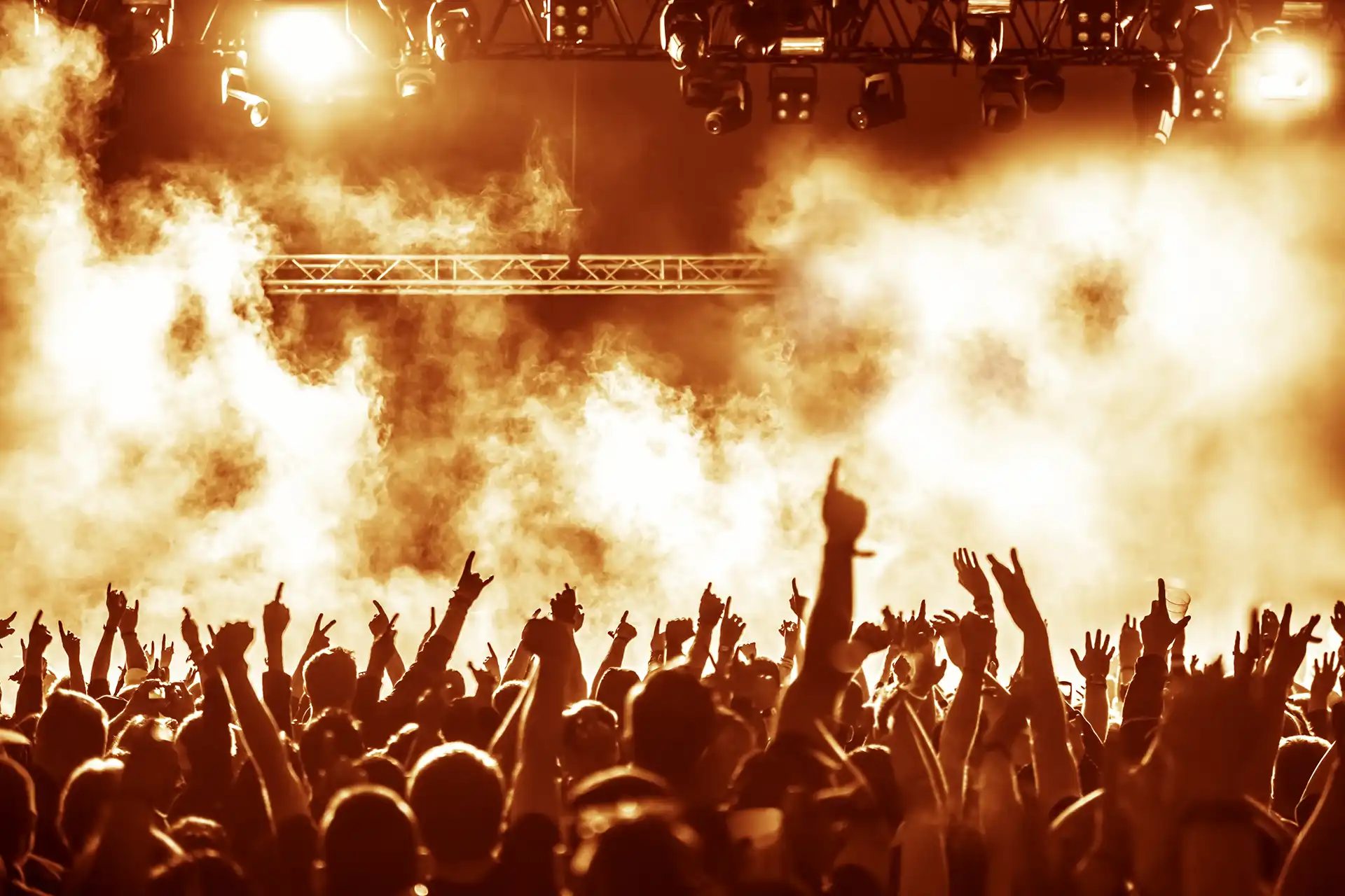 Folla entusiasta che partecipa a un concerto con luci e fumo sul palco.